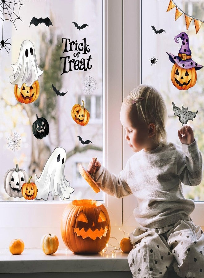 ZAEW ZAWE 9 Sheets Halloween Window Clings Trick or Treat Ghosts Evil Pumpkins Bats Reusable Double-Sided Window Decals Stickers for Fall Party Home Classroom Office Decorations - Image 3